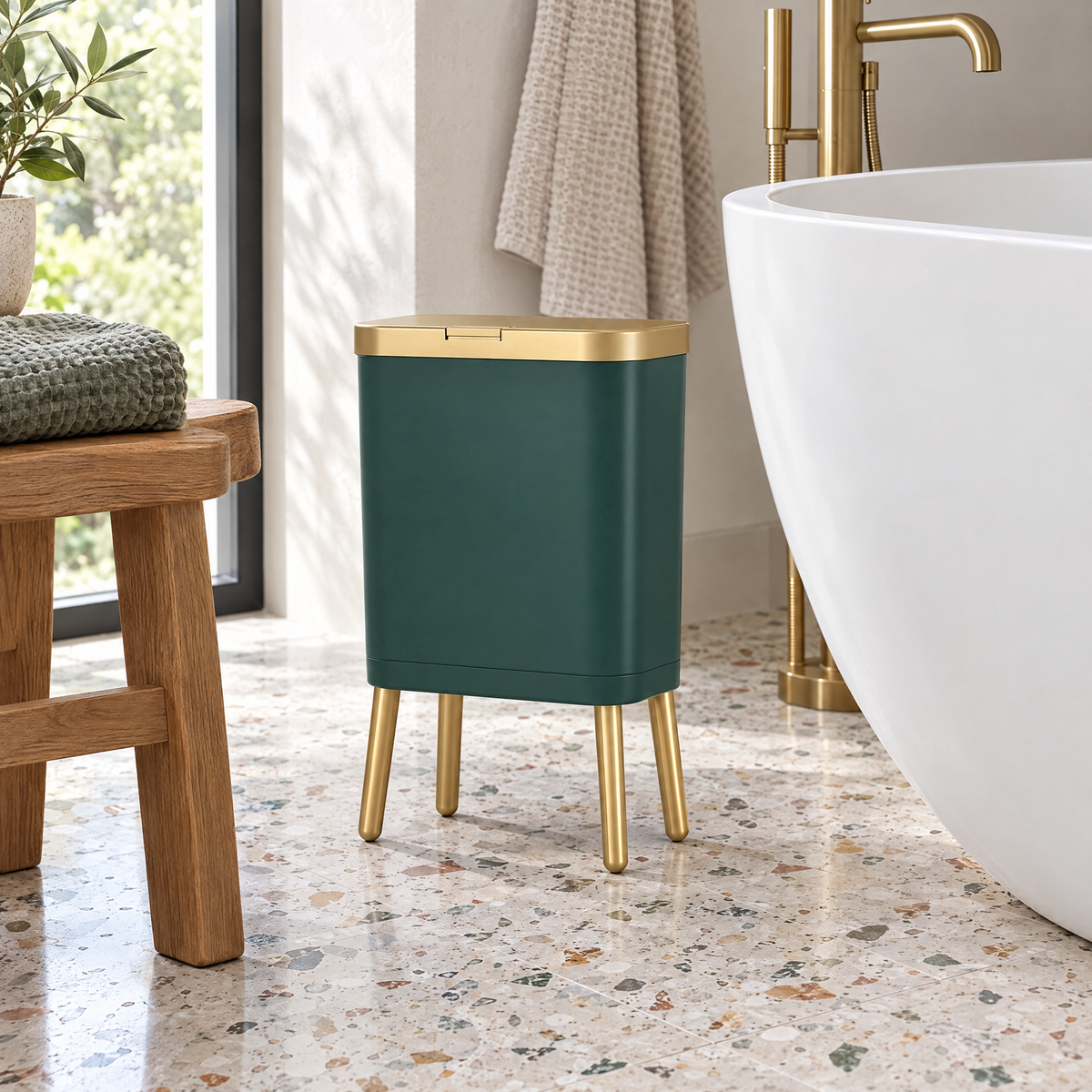 Green Alto waste bin beside a freestanding bath