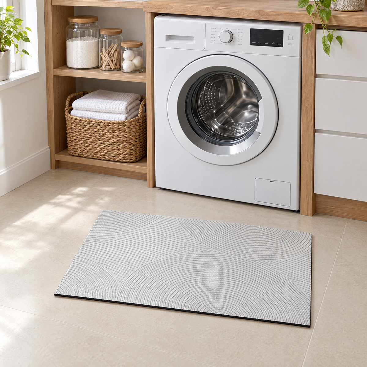 Brezza quick-dry mat in stone in front of a washing machine in a laundry room