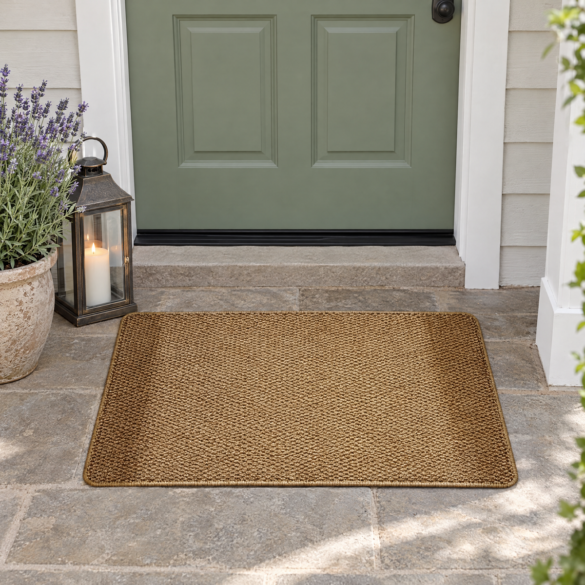 Natural Canapa woven-look door mat before a sage-green front door