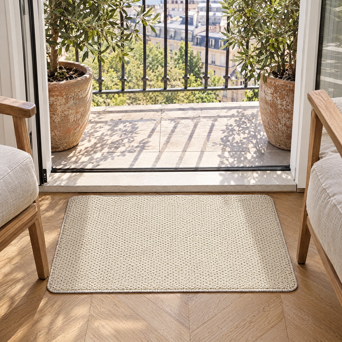 Ivory Canapa door mat at a city balcony threshold