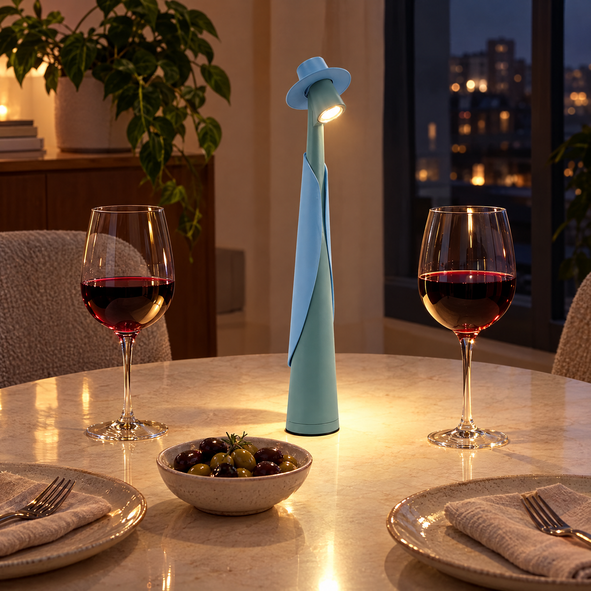 Teal Cappello lamp on a small dinner table for two