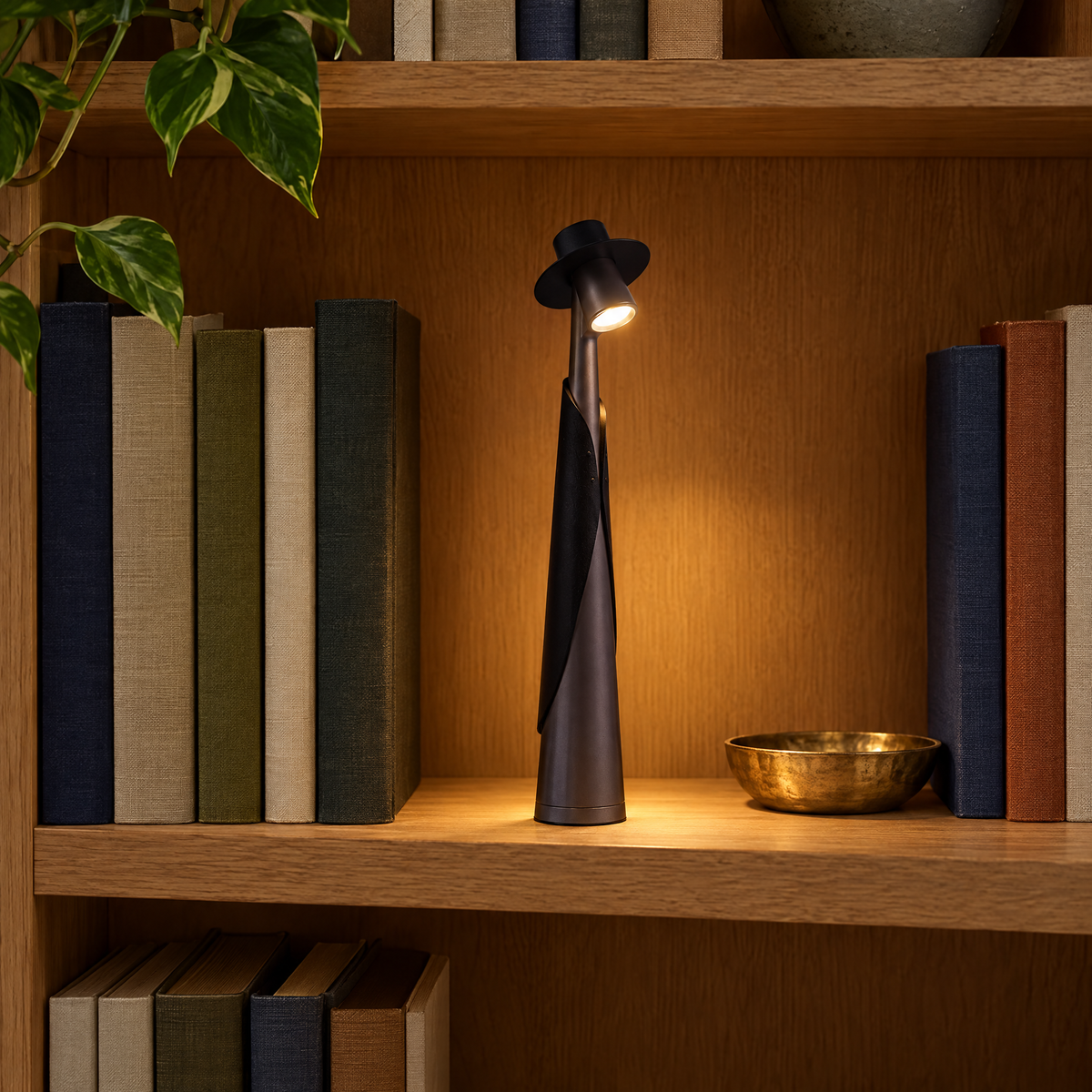 Charcoal Cappello lamp on an oak bookshelf