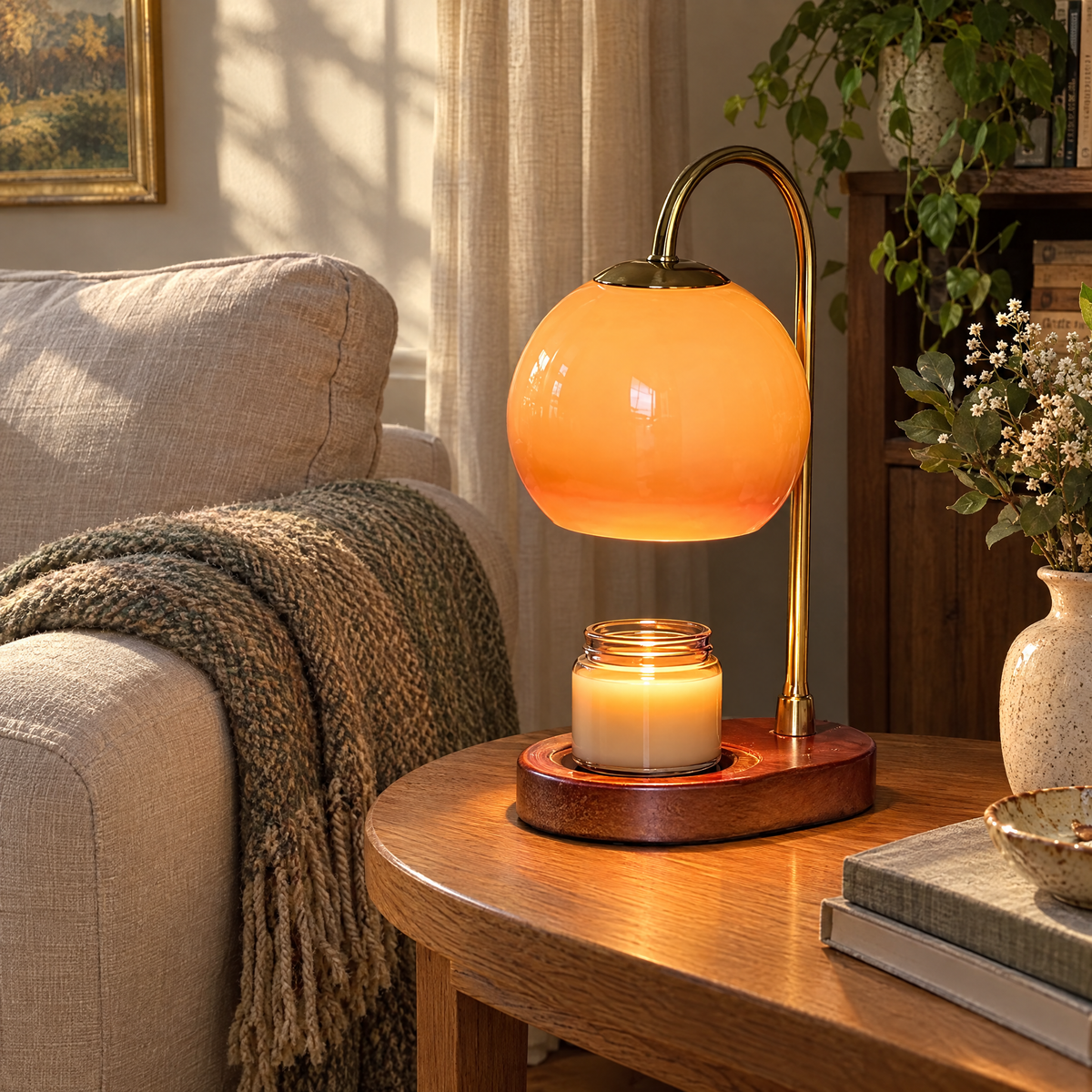 Cera candle warmer lamp on an oak side table beside a linen sofa