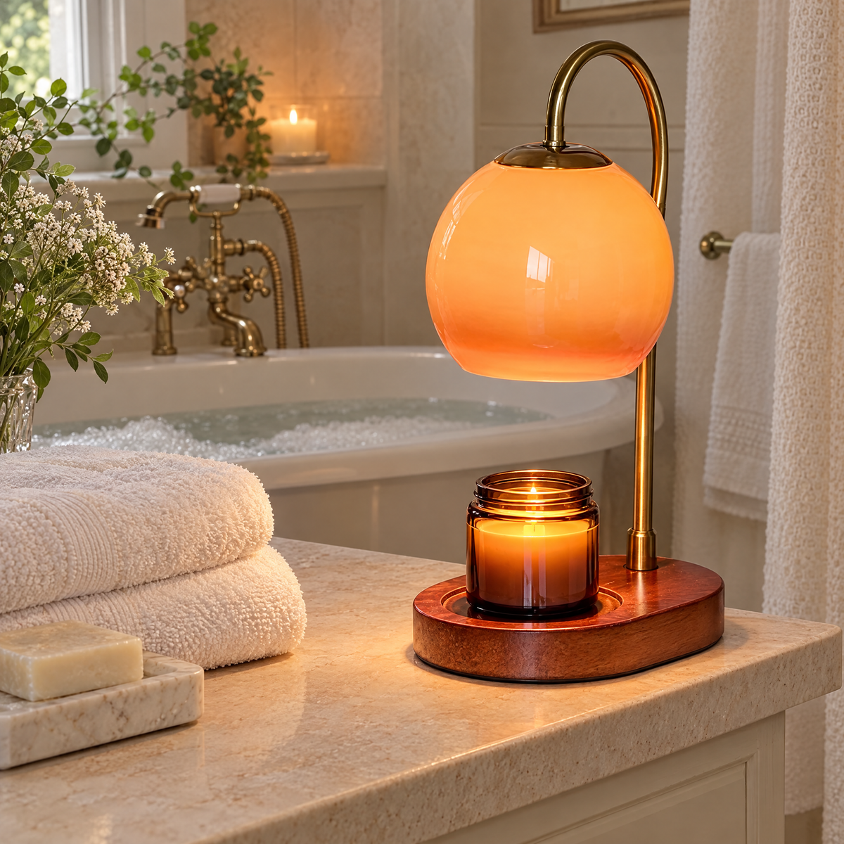 Cera candle warmer lamp on a stone bathroom vanity