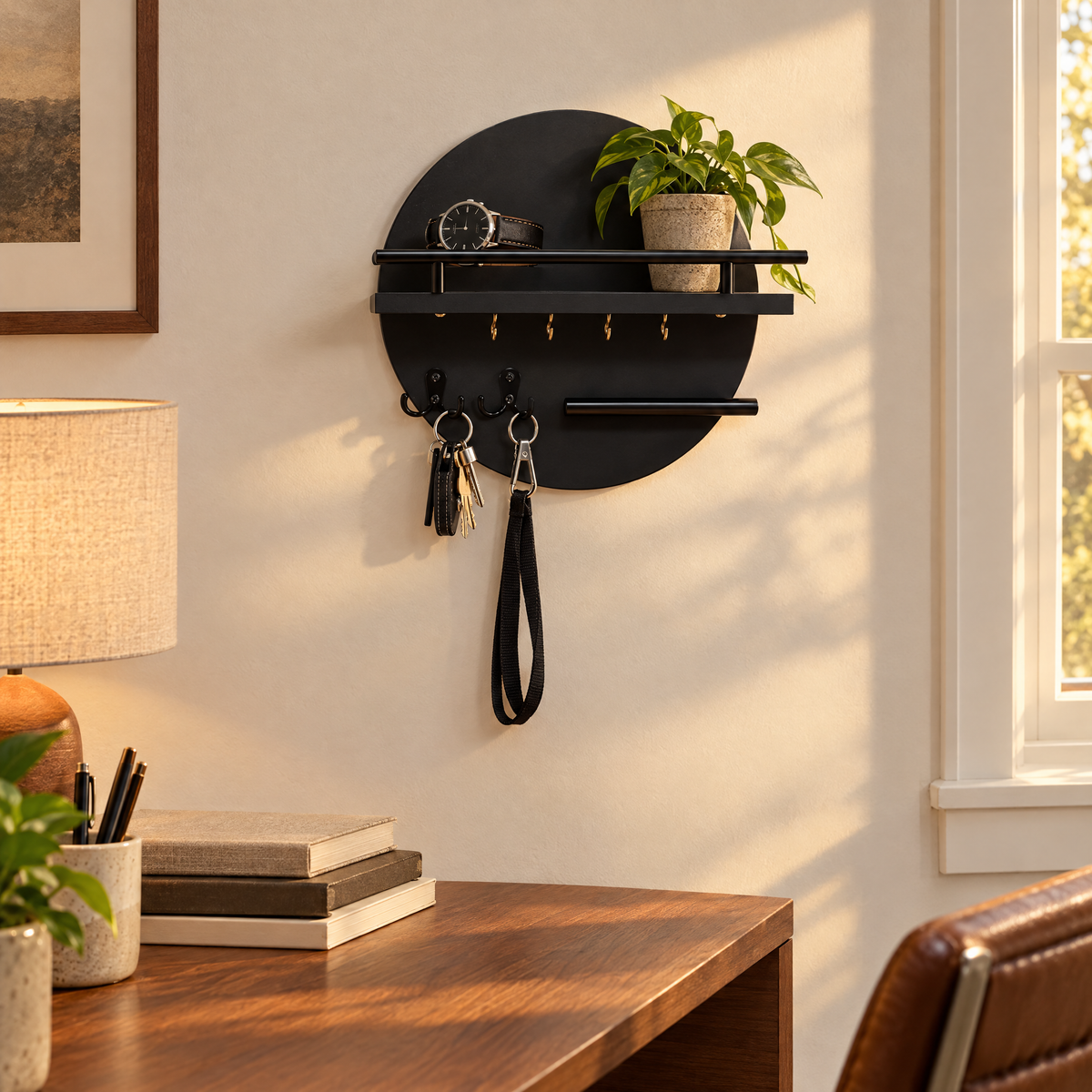 Cerchio round key holder beside a walnut desk in a home office