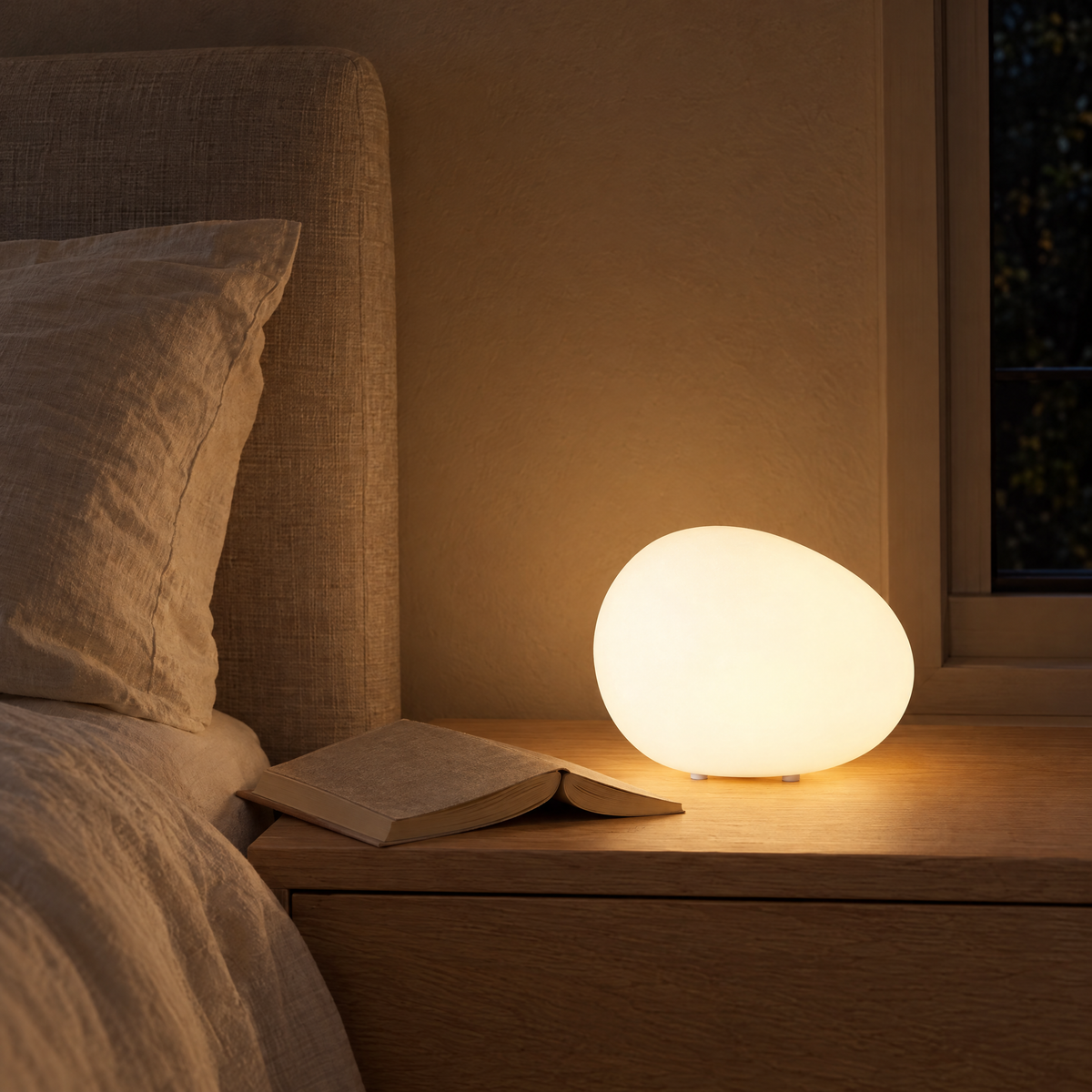 Ciottolo pebble lamp glowing on a nightstand