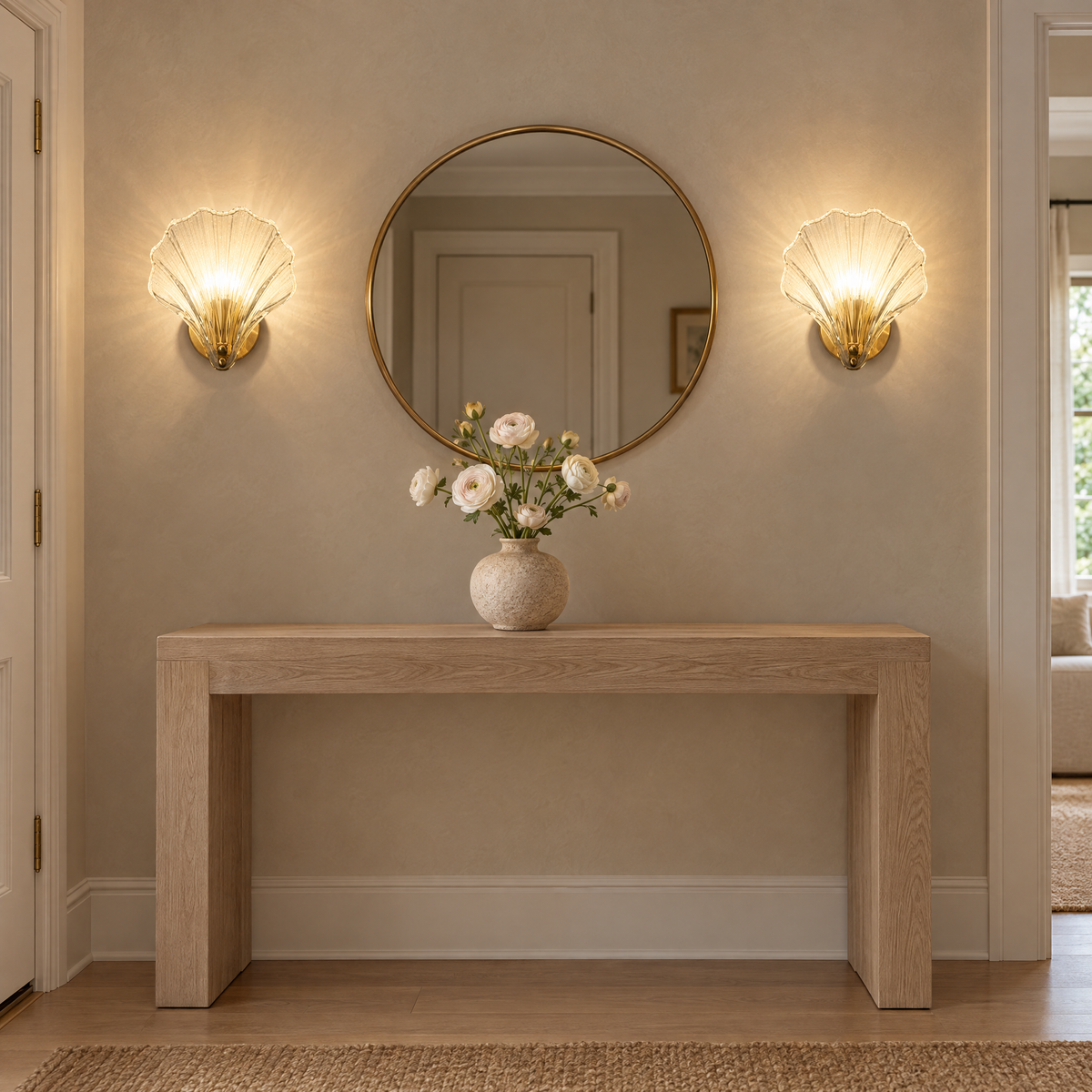 Conca Shell Glass Wall Light a pair framing a round mirror
