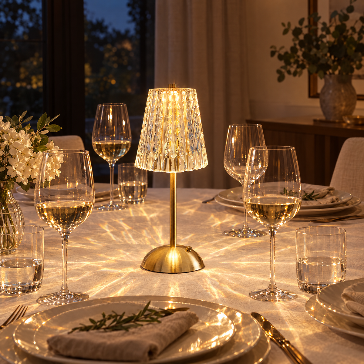 Cristallo crystal lamp on a dinner table