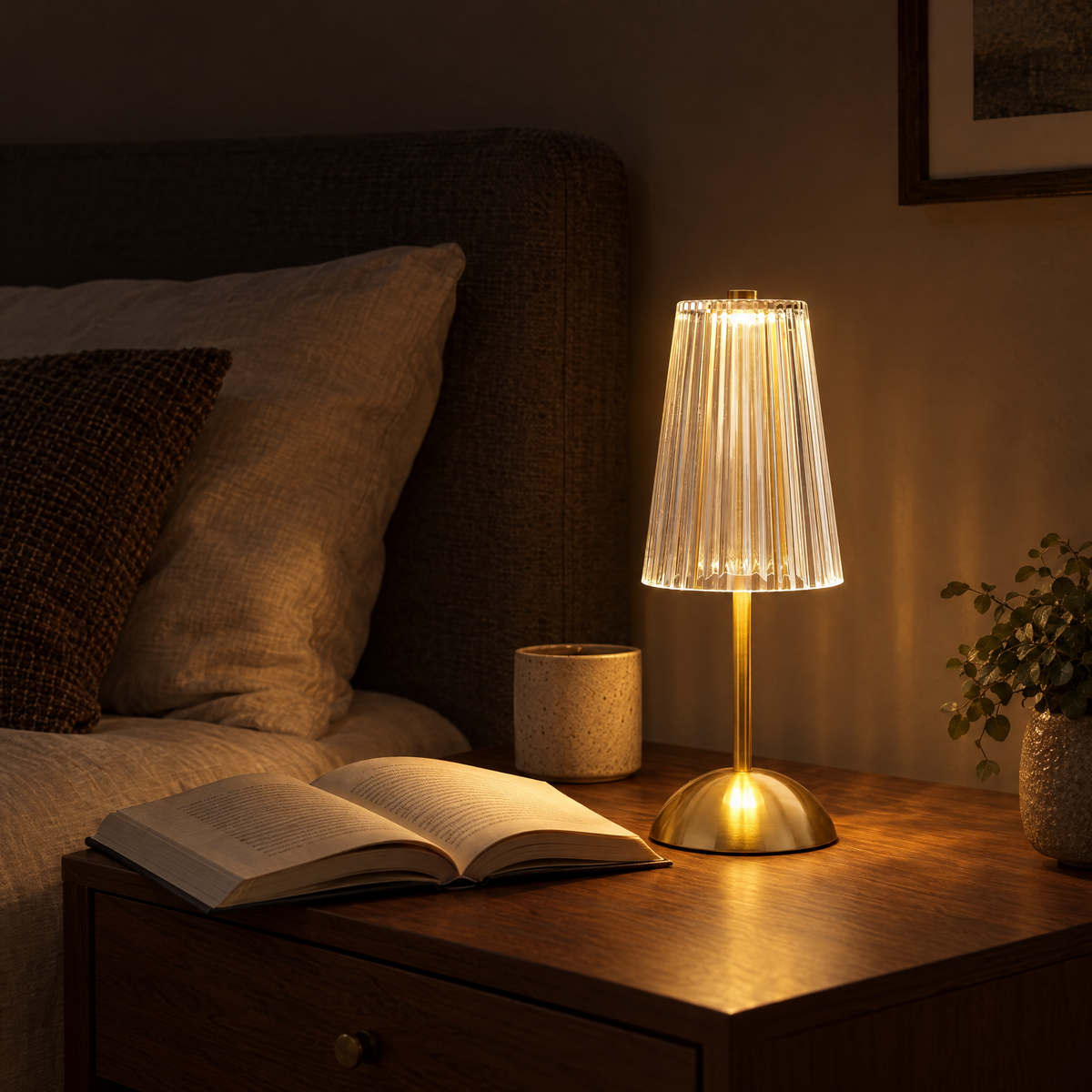Cristallo crystal lamp on a walnut nightstand