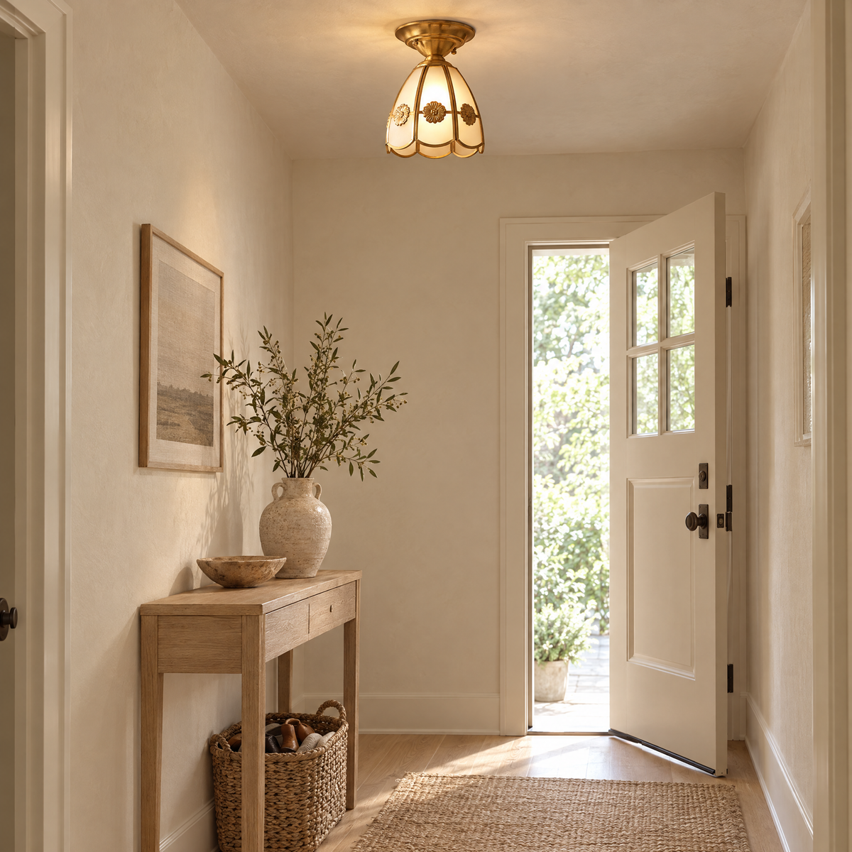 Fiora Brass and Glass Semi-Flush Ceiling Light in the Bell style above an entry console