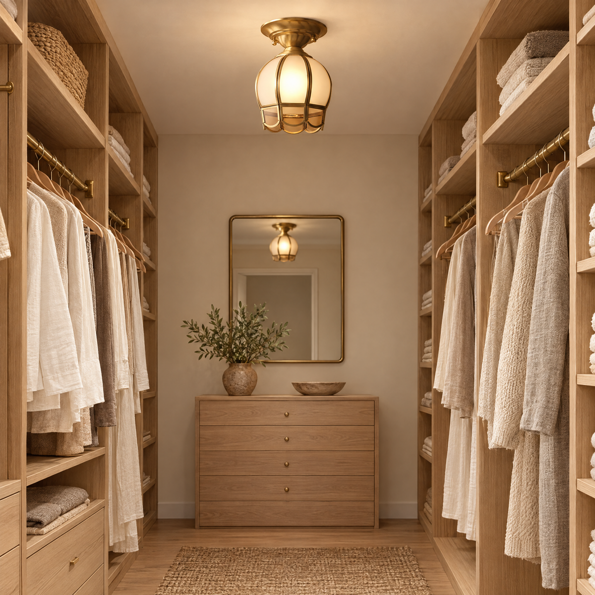 Fiora Brass and Glass Semi-Flush Ceiling Light in the Tulip style in a dressing room
