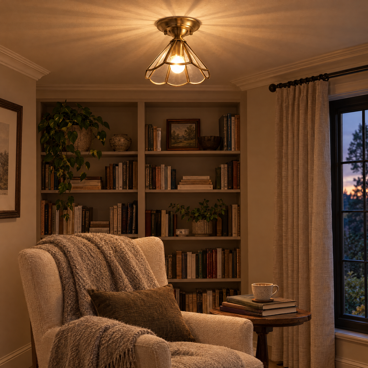 Fiora Brass and Glass Semi-Flush Ceiling Light in the Petal style above a reading chair in a study