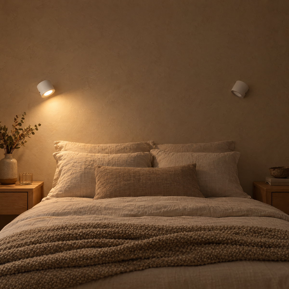 A pair of Giro wall lights beside a bed