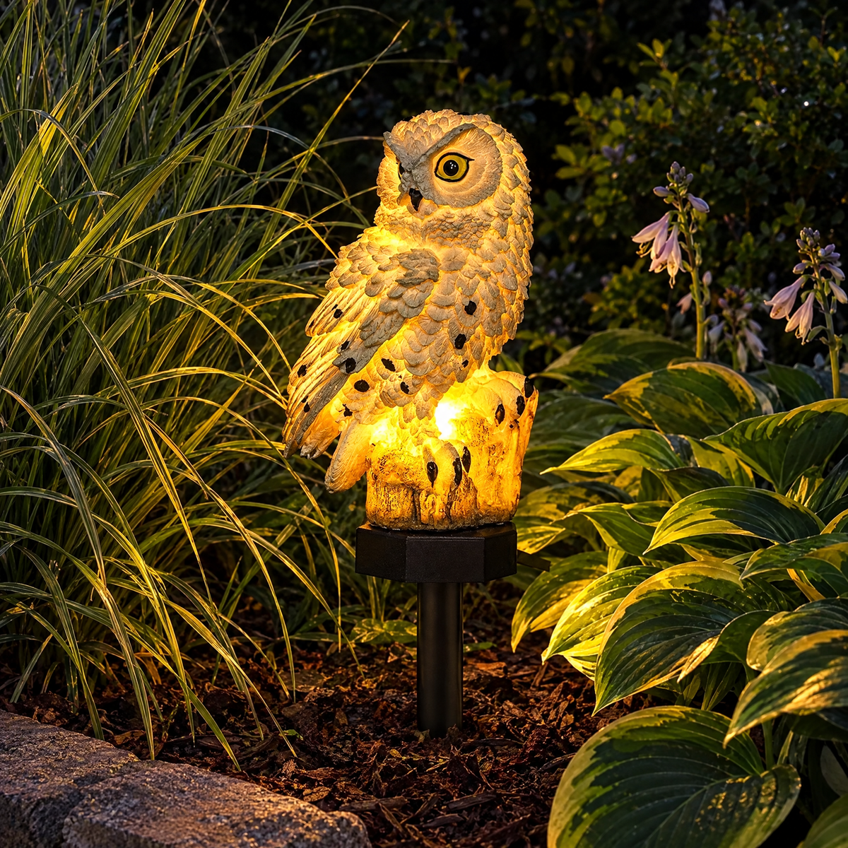 Gufo solar owl light glowing among grasses in a garden border at night
