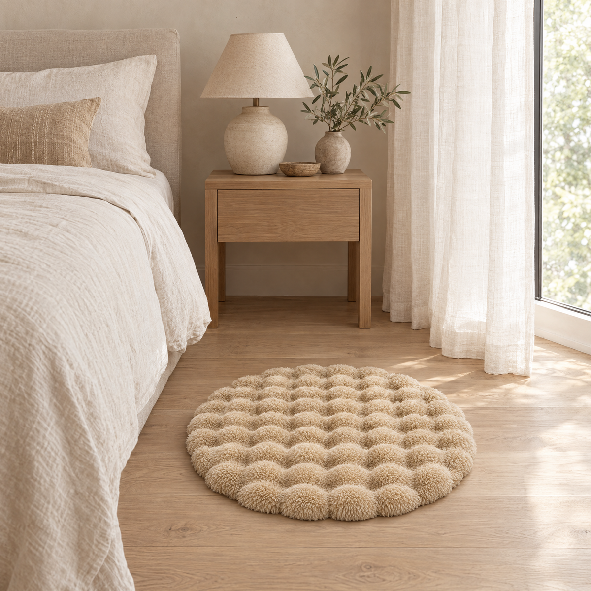 Nuvola Round Bubble Rug in beige beside a bed in a neutral bedroom