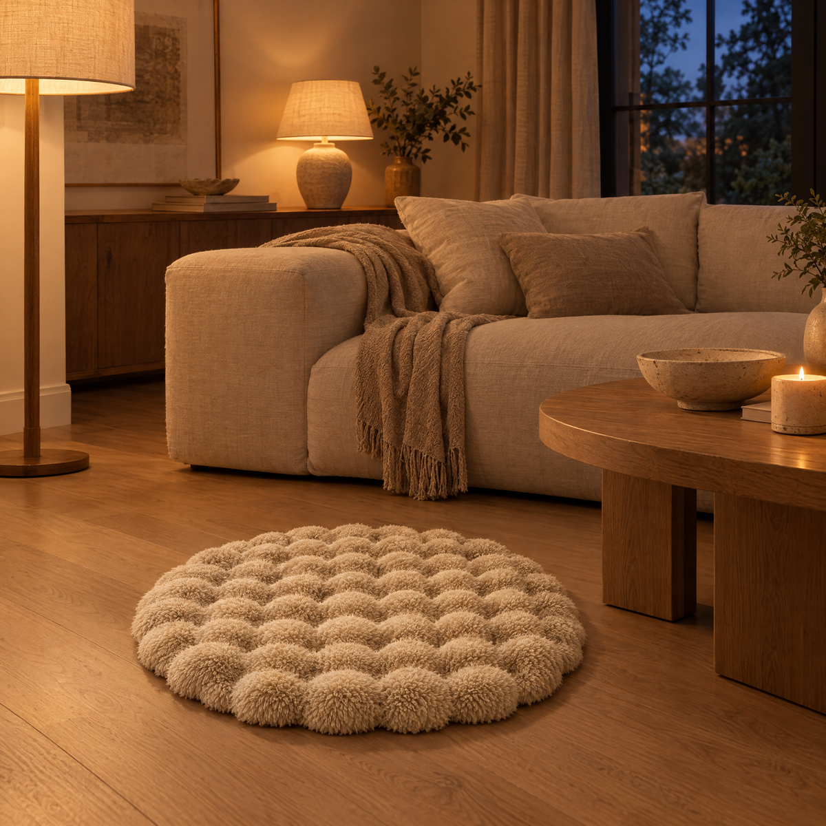 Nuvola Round Bubble Rug in beige in a lamp-lit living room in the evening