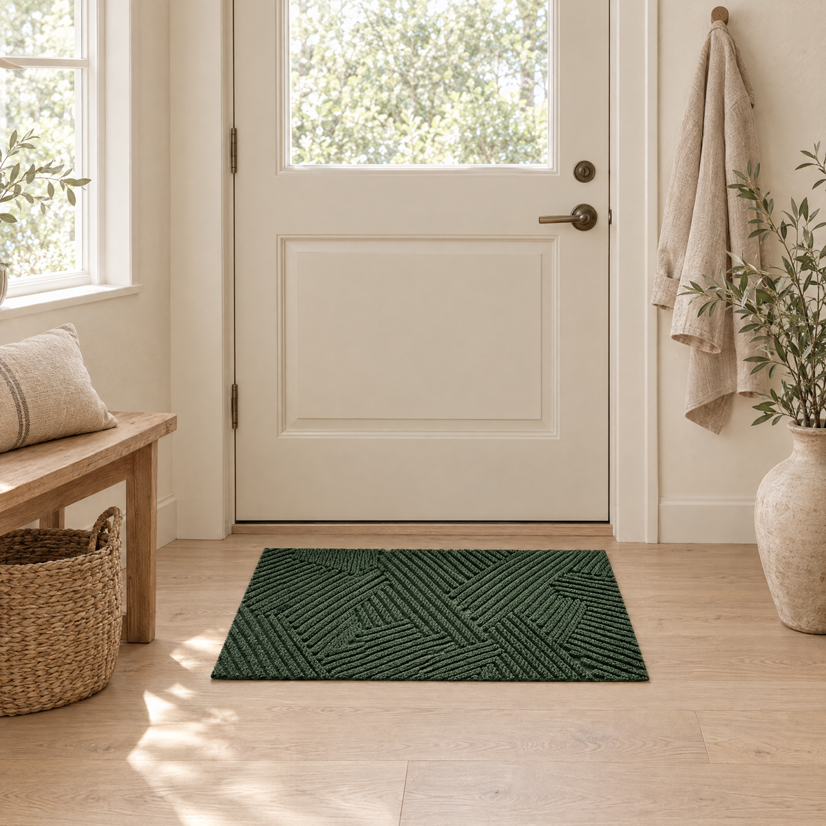 Linnea Non-Slip Door Mat in green inside a bright front entryway