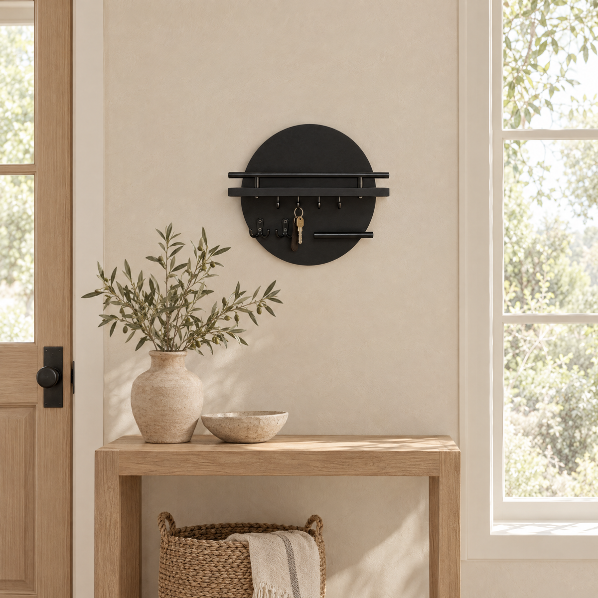 Cerchio Round Wall Key Holder in black mounted above an oak console in a bright entryway