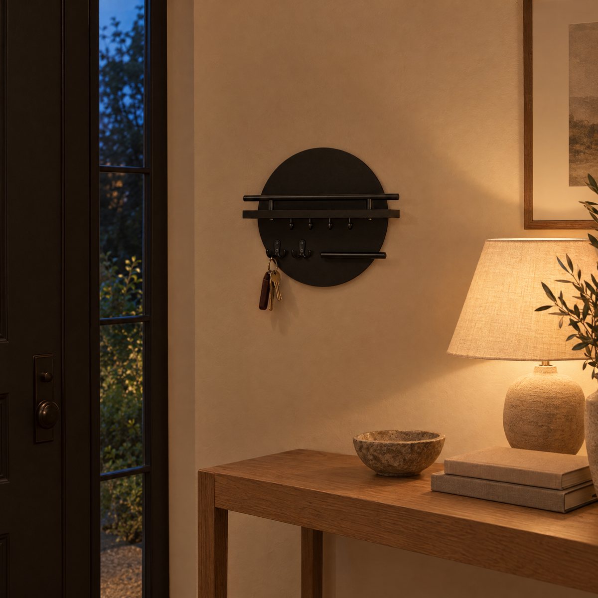Cerchio key holder in a lamp-lit entryway in the evening