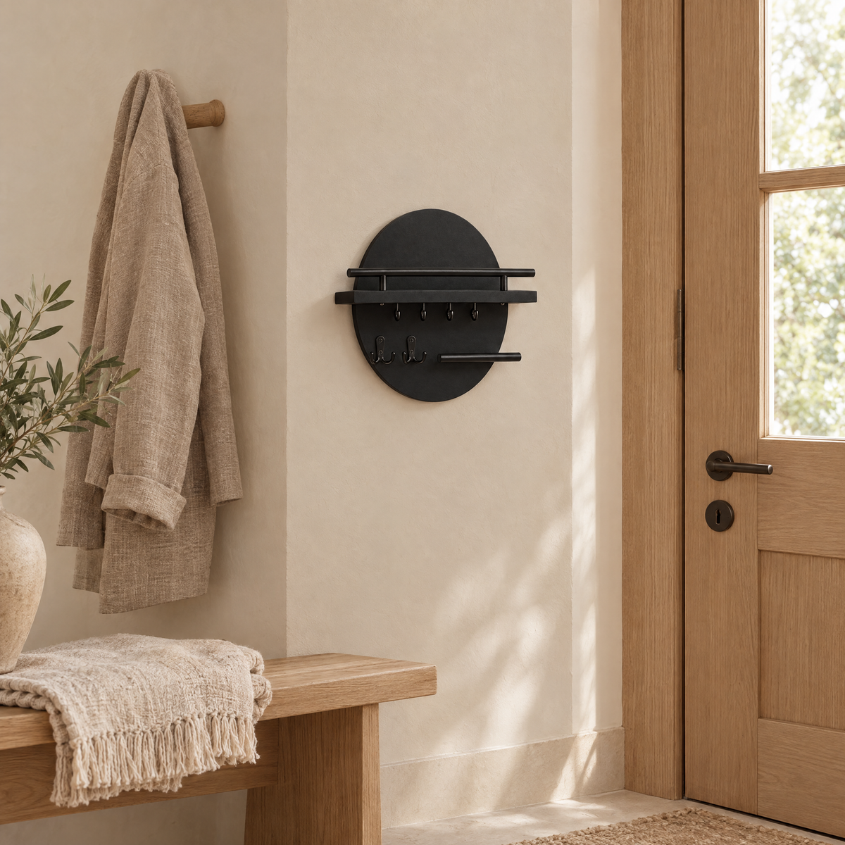 Side view of the Cerchio key holder on a hallway wall beside the front door