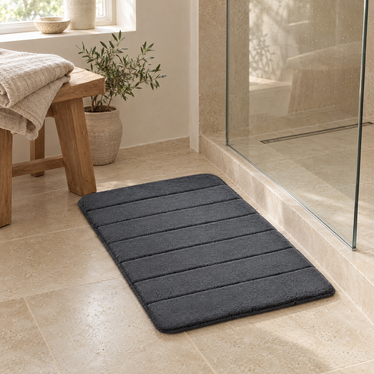 Soffio Plush Bath Mat in charcoal outside a walk-in shower