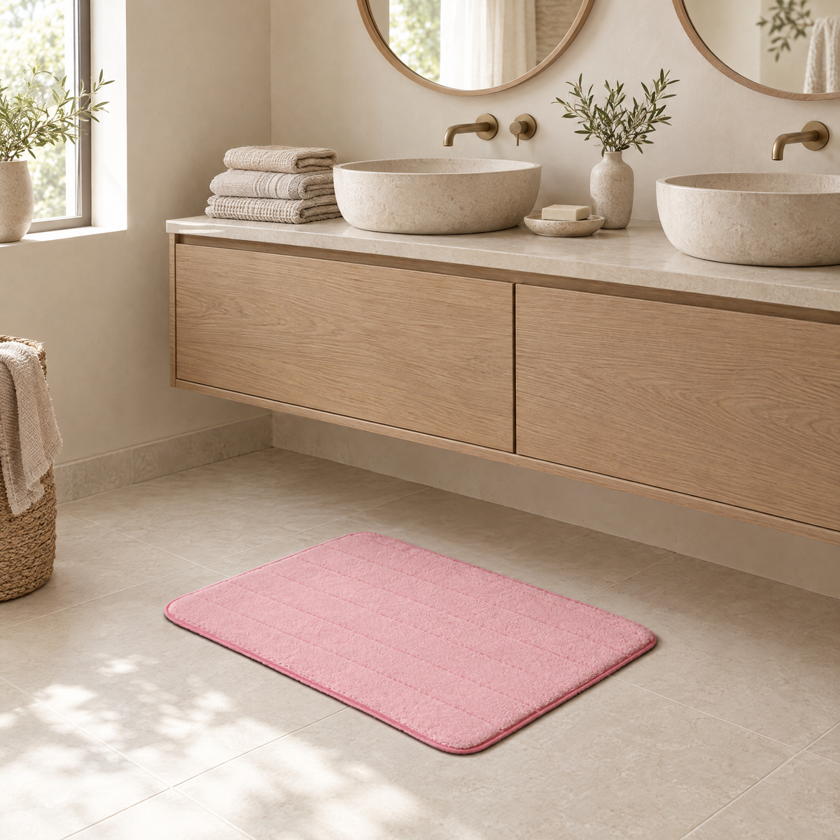 Soffio Plush Bath Mat in blush in front of an oak double vanity