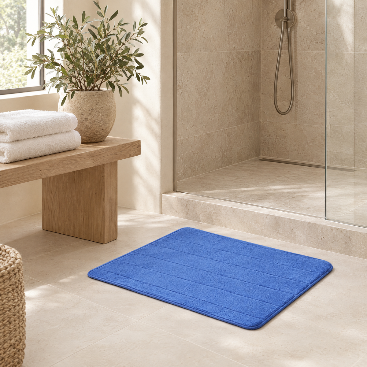 Soffio Plush Bath Mat in cornflower at the entrance to a walk-in shower