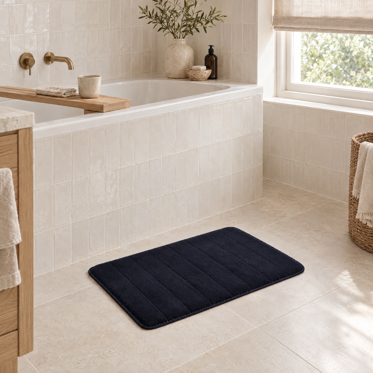 Soffio Plush Bath Mat in midnight beside a built-in bathtub
