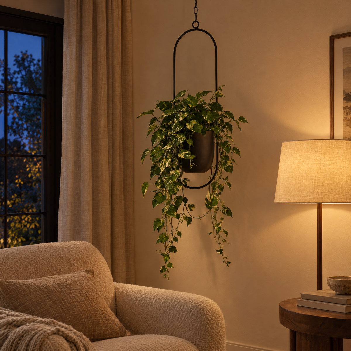 Edera hanging planter above an armchair in a lamp-lit reading nook