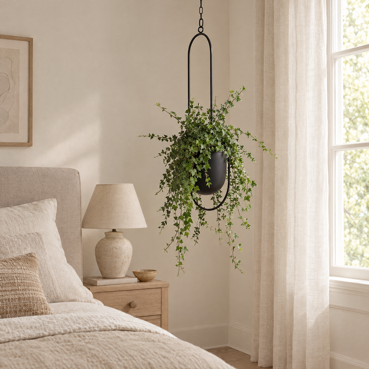 Edera hanging planter hung from a bedroom ceiling with trailing ivy