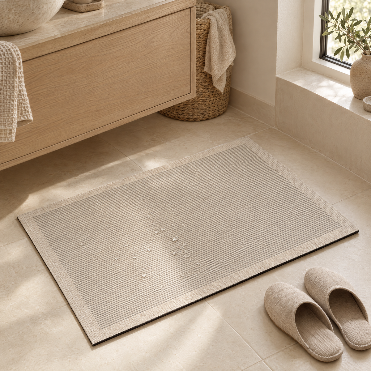 Close-up of the striped surface and slim edge of the Brezza mat in oat