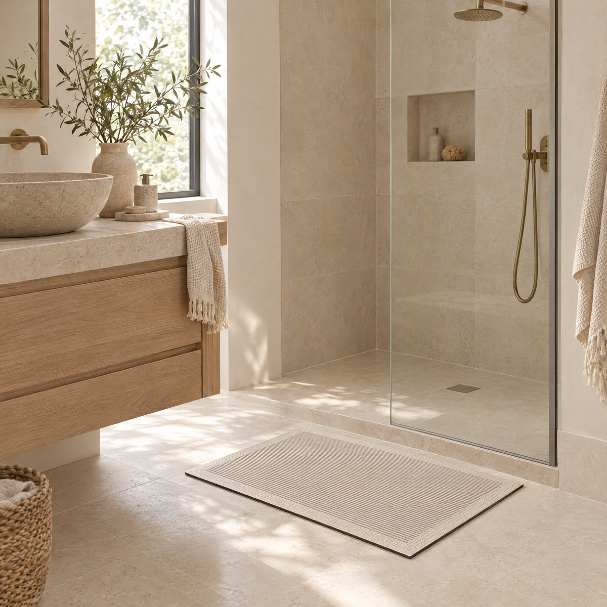 Brezza Quick-Dry Bath Mat in oat outside a walk-in shower