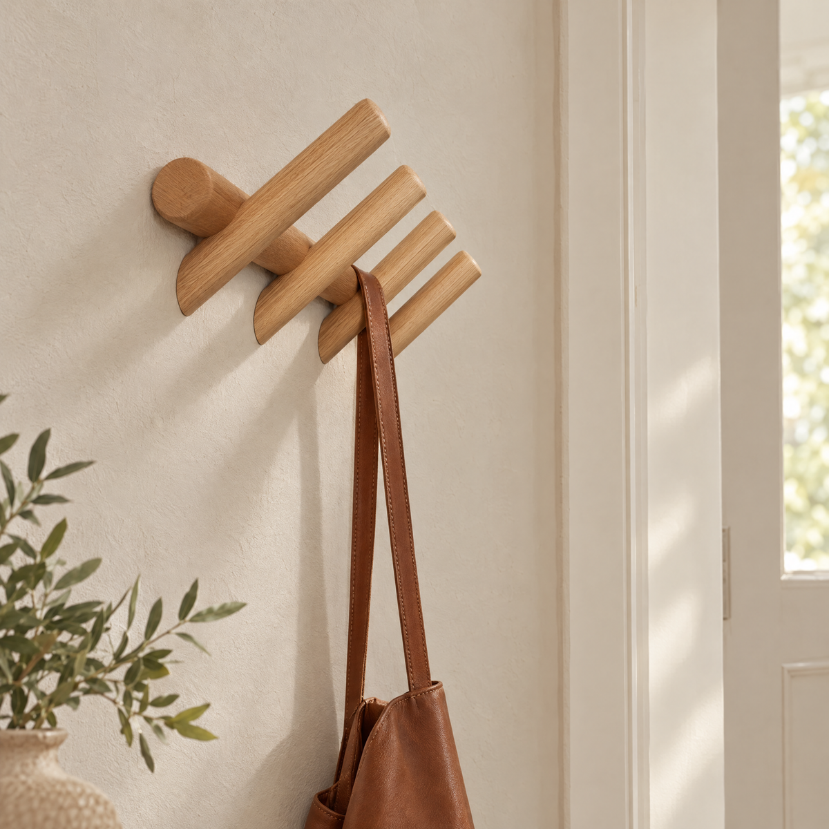 Close-up of the rounded solid oak pegs of the Rovere rack