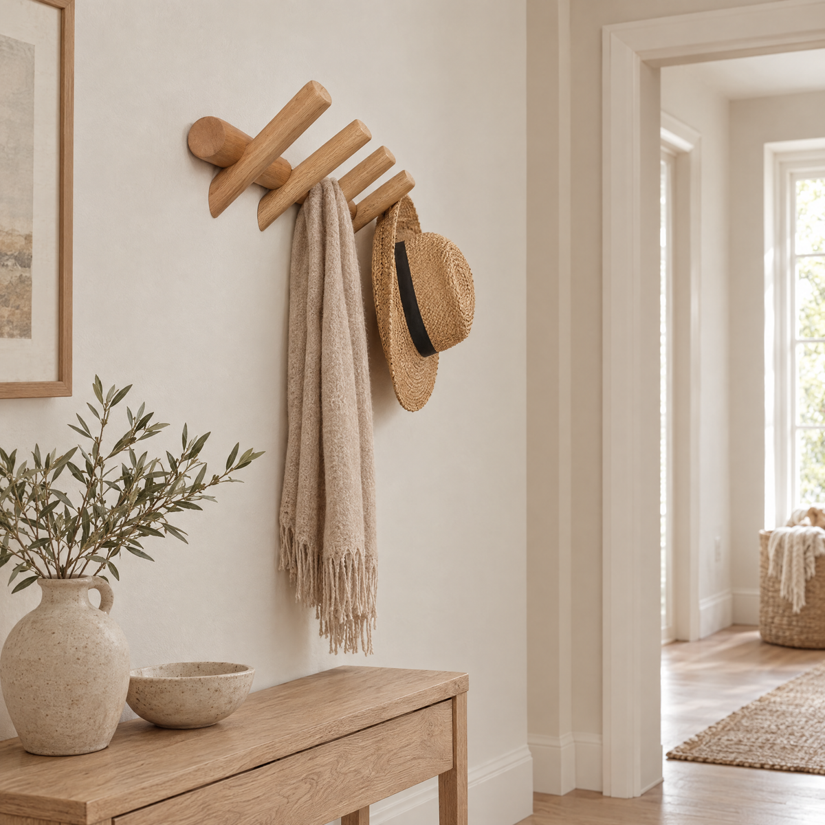 Side view of the Rovere rack showing its fanned oak pegs in a hallway