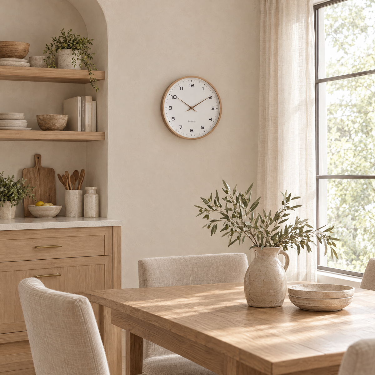 Ora wall clock in brown above an oak dining table