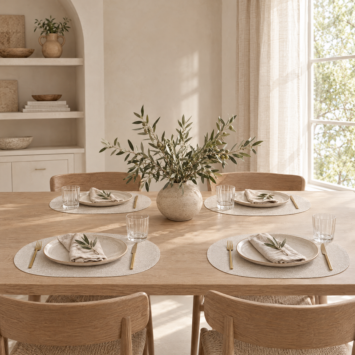 Oak dining table set for four on oatmeal Tavola placemats