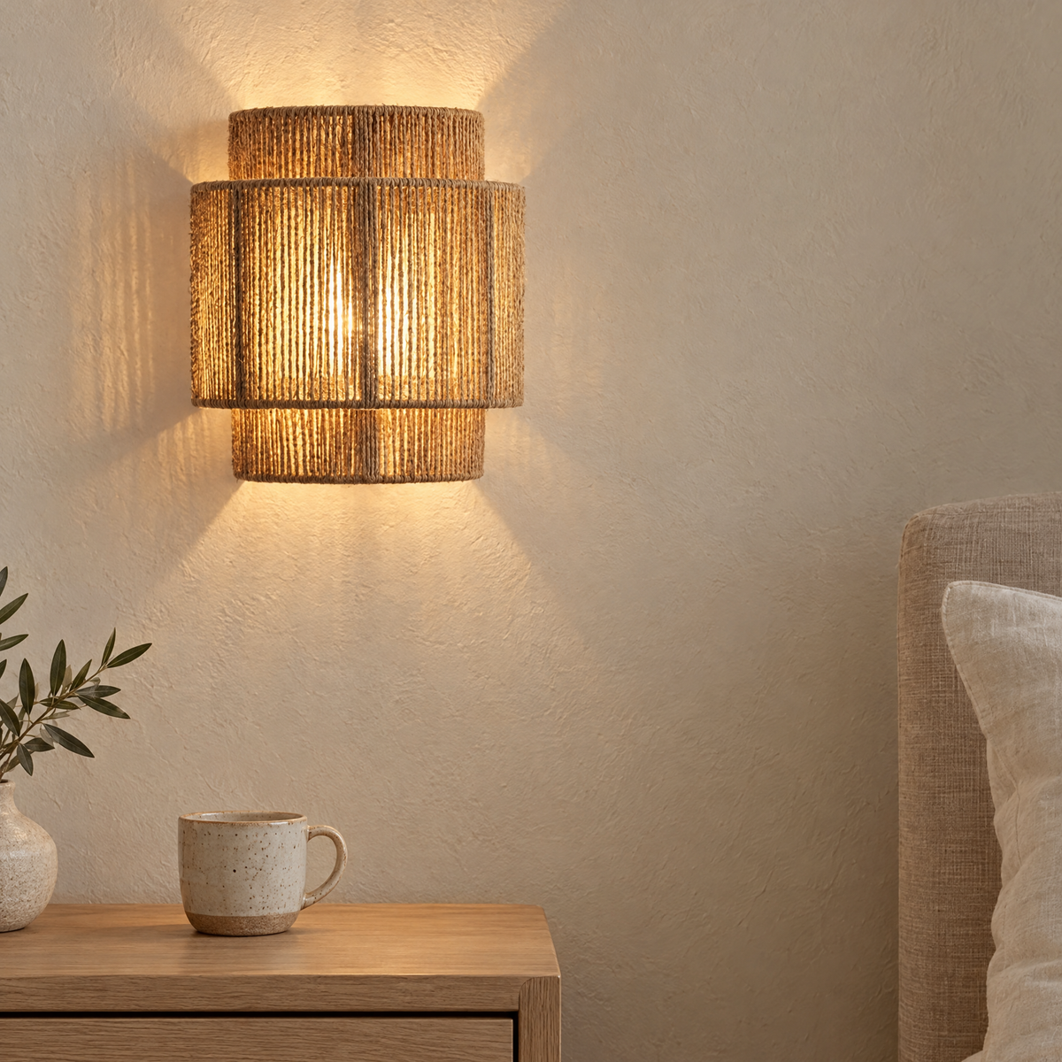 Vimini Woven Rattan Wall Light close-up of the rattan weave