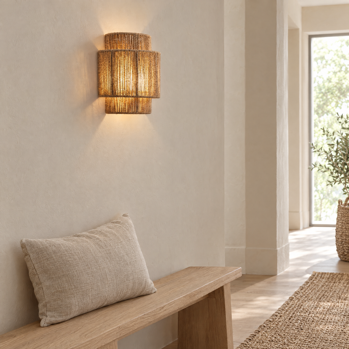 Vimini Woven Rattan Wall Light on a hallway wall, three-quarter view