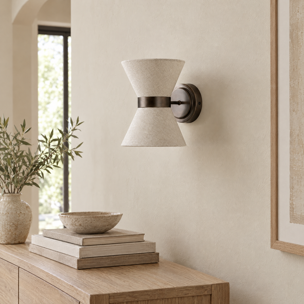 Lino Bronze and Linen Wall Light on a hallway wall, three-quarter view