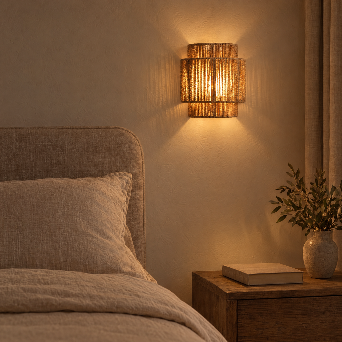 Vimini Woven Rattan Wall Light glowing beside a bed in the evening