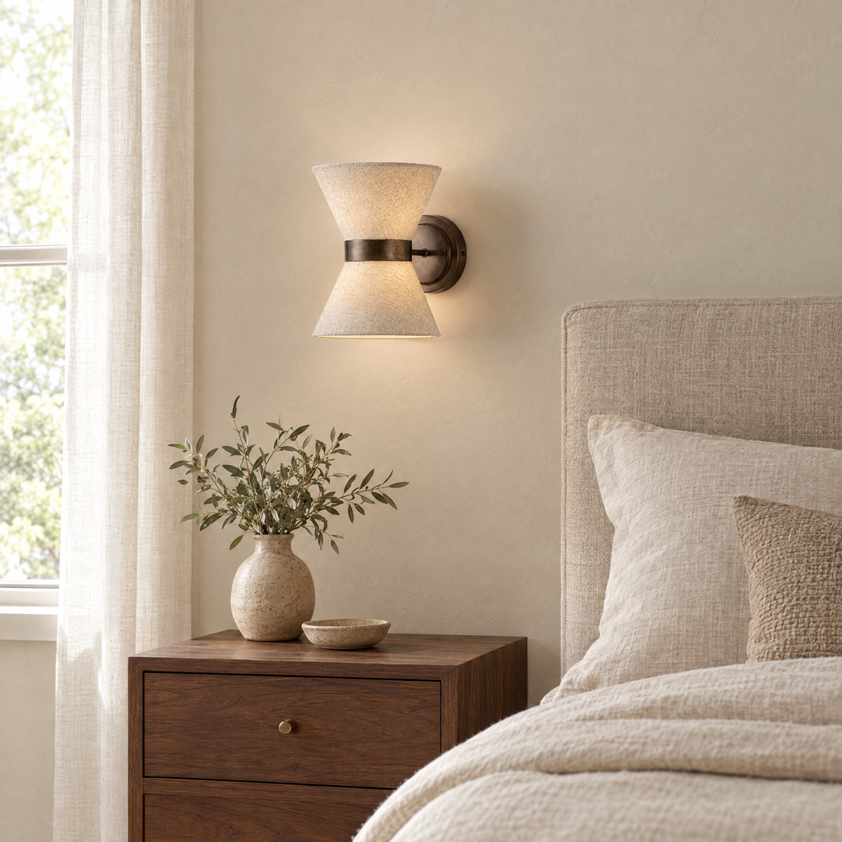 Lino Bronze and Linen Wall Light above a walnut nightstand in a neutral bedroom