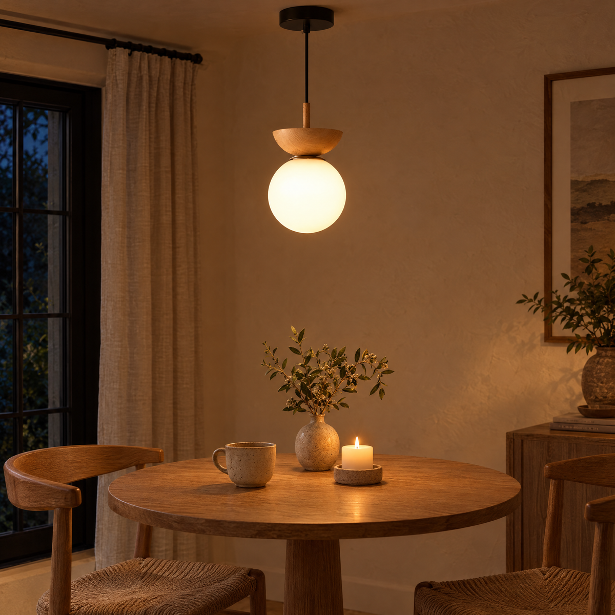 Sfera Opal Glass Globe Pendant Light glowing over a small table in the evening