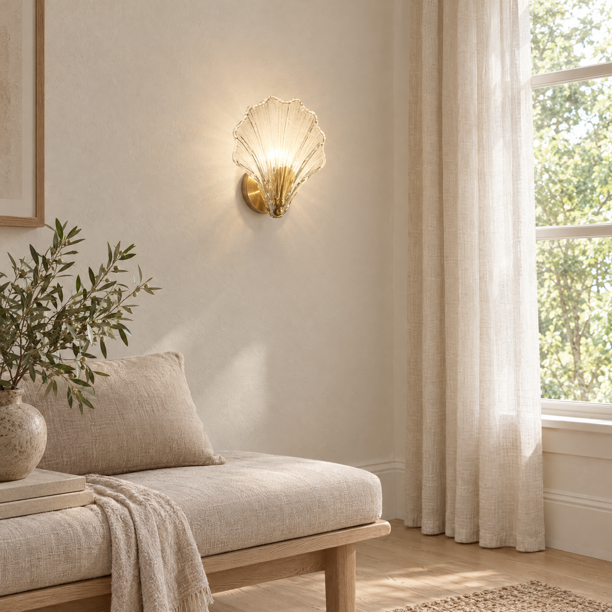 Conca Shell Glass Wall Light on a bedroom wall, three-quarter view