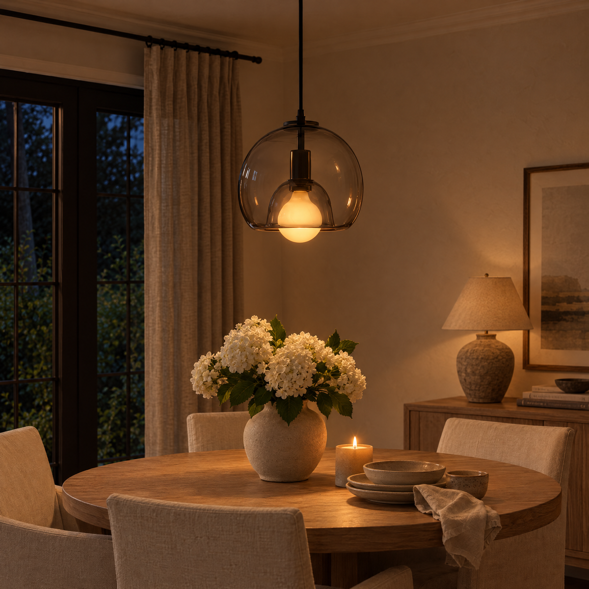 Vetro Glass Globe Pendant Light in smoke grey glowing over a dinner table in the evening