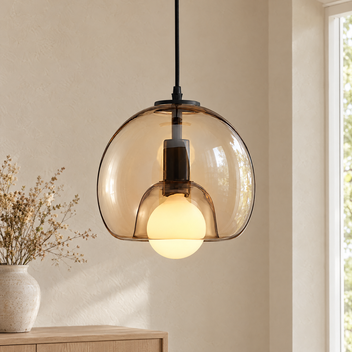 Vetro Glass Globe Pendant Light close-up of the amber glass
