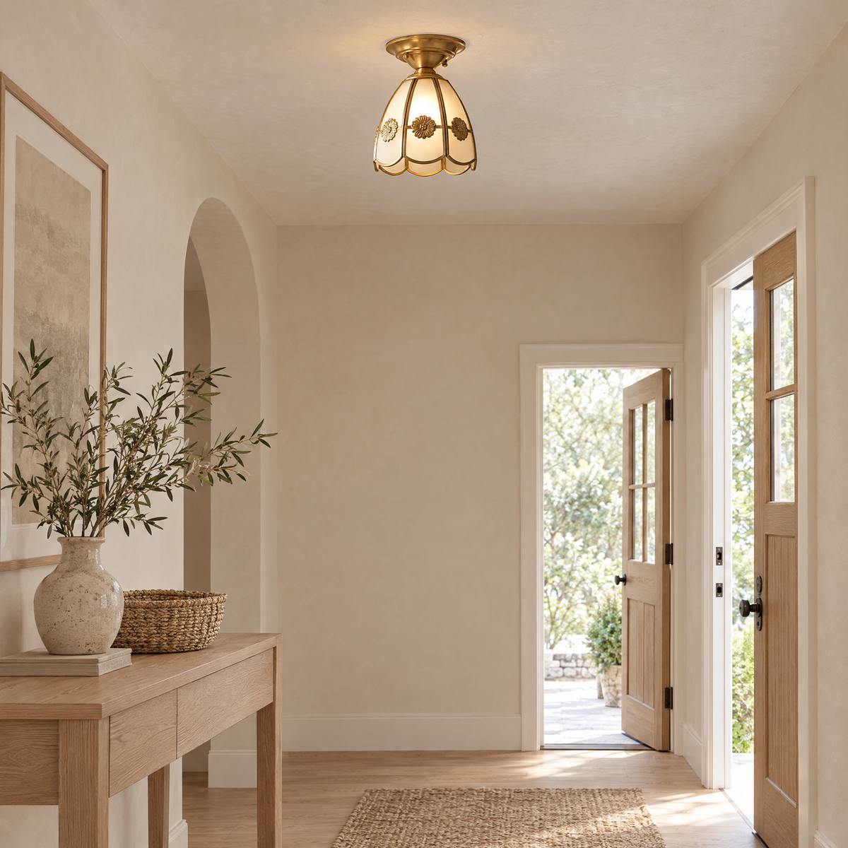 Fiora Brass and Glass Semi-Flush Ceiling Light in the Bell style on an entry hallway ceiling