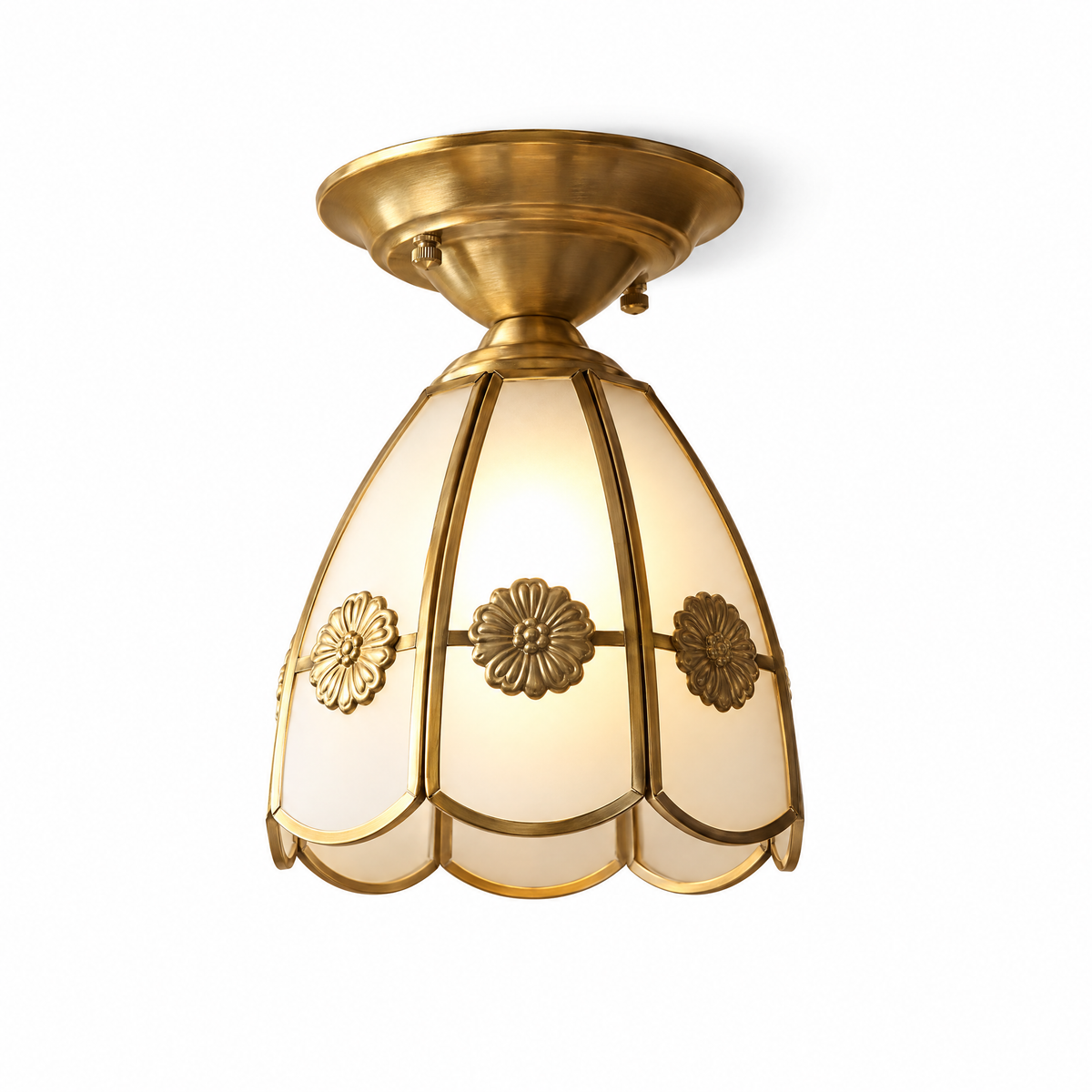 Fiora Brass and Glass Semi-Flush Ceiling Light in the Bell style on a white background
