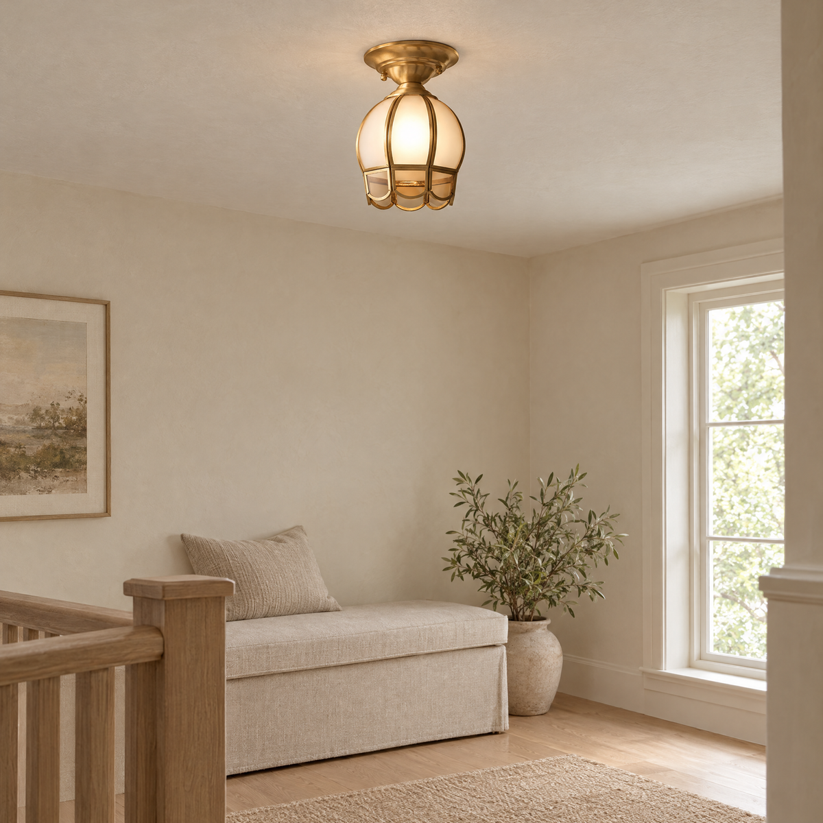 Fiora Brass and Glass Semi-Flush Ceiling Light in the Tulip style on a bedroom landing ceiling