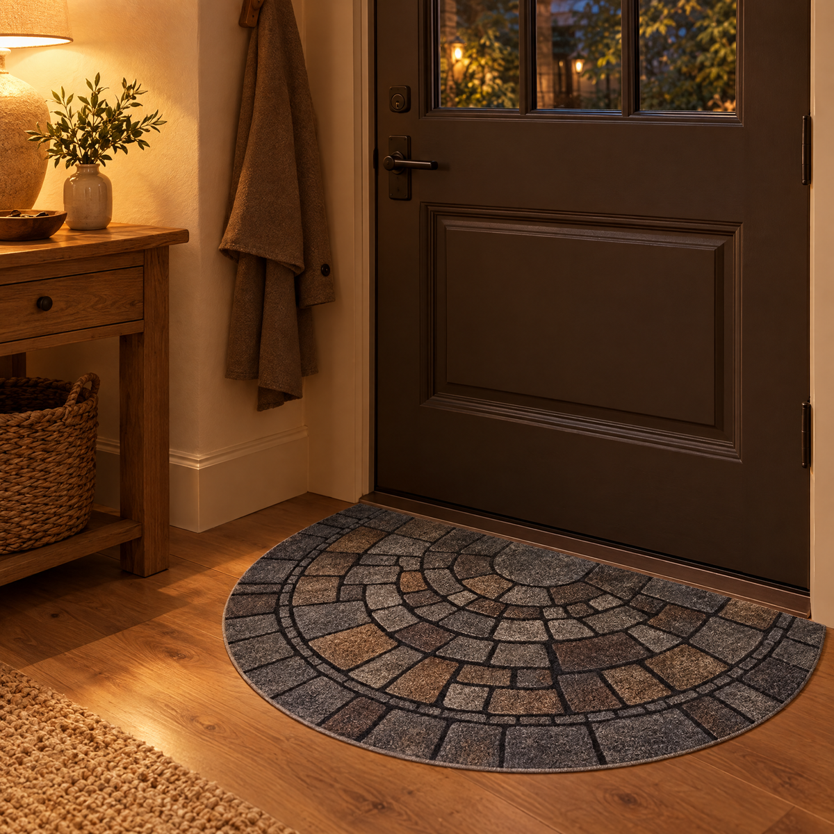 Lastra door mat in a lamp-lit entry hall in the evening