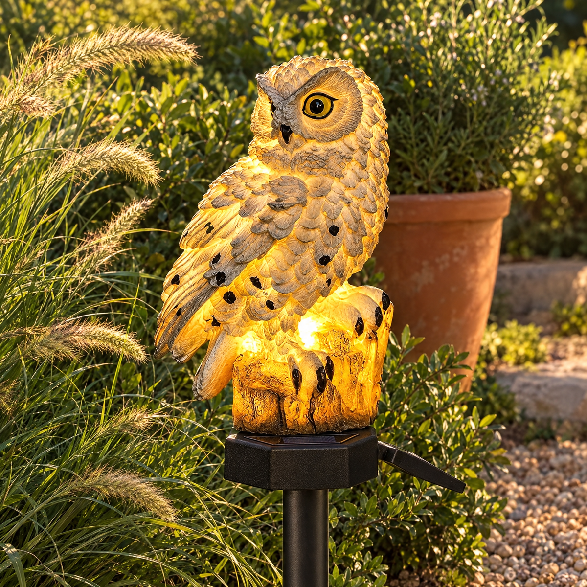 Close-up of the Gufo solar owl light among ornamental grasses